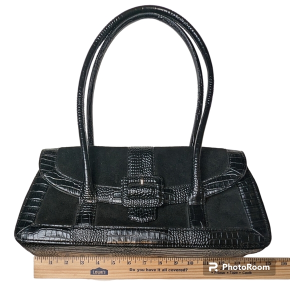 Ann Taylor Handbag Black Leather Suede  Double Handles Multiple Pockets A83 - Picture 4 of 14